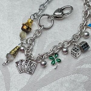 Up cycled Casino Gambling Lucky Charm Bracelet Size 7-8 Silver Tone 4343 G